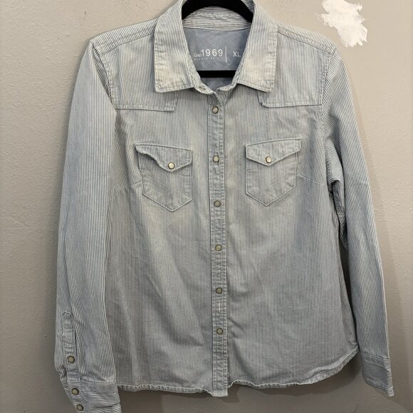 Gap 1969 Western Pin Stripe Denim Snap Button Shirt Lightwash Size XL - Picture 8 of 15